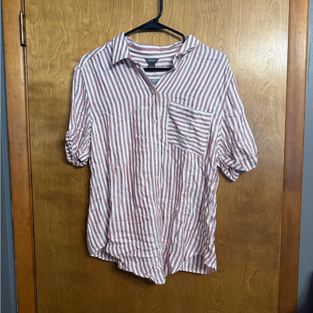 Eddie Bauer Red and White Striped Button-Down Shirt